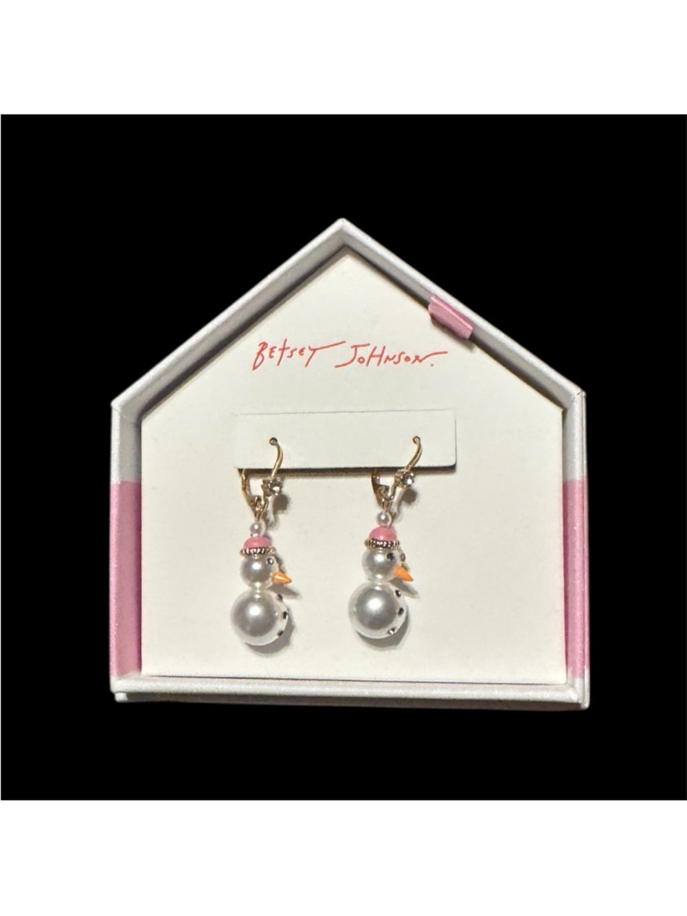 Betsey Johnson Gold-tone Pearl Snowman Drop Earrings with Pink Accents